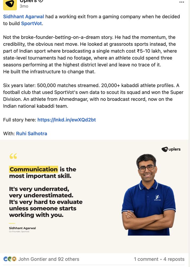 Uplers post on the SportVot feature