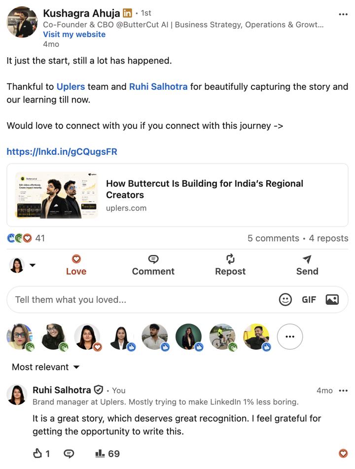 Kushagra Ahuja of ButterCut AI sharing his feature on LinkedIn