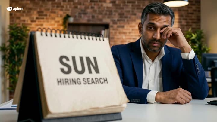 A still from the Hiring Anthem: a tired founder beside a desk calendar reading Sunday, hiring search