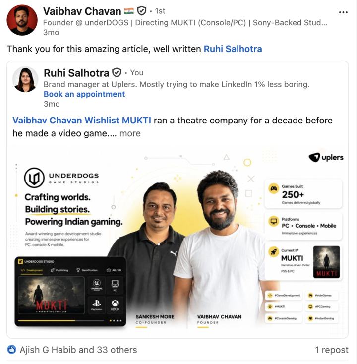 Vaibhav Chavan of underDOGS resharing his feature