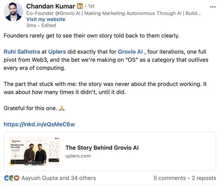Chandan Kumar of Grovio AI sharing his feature
